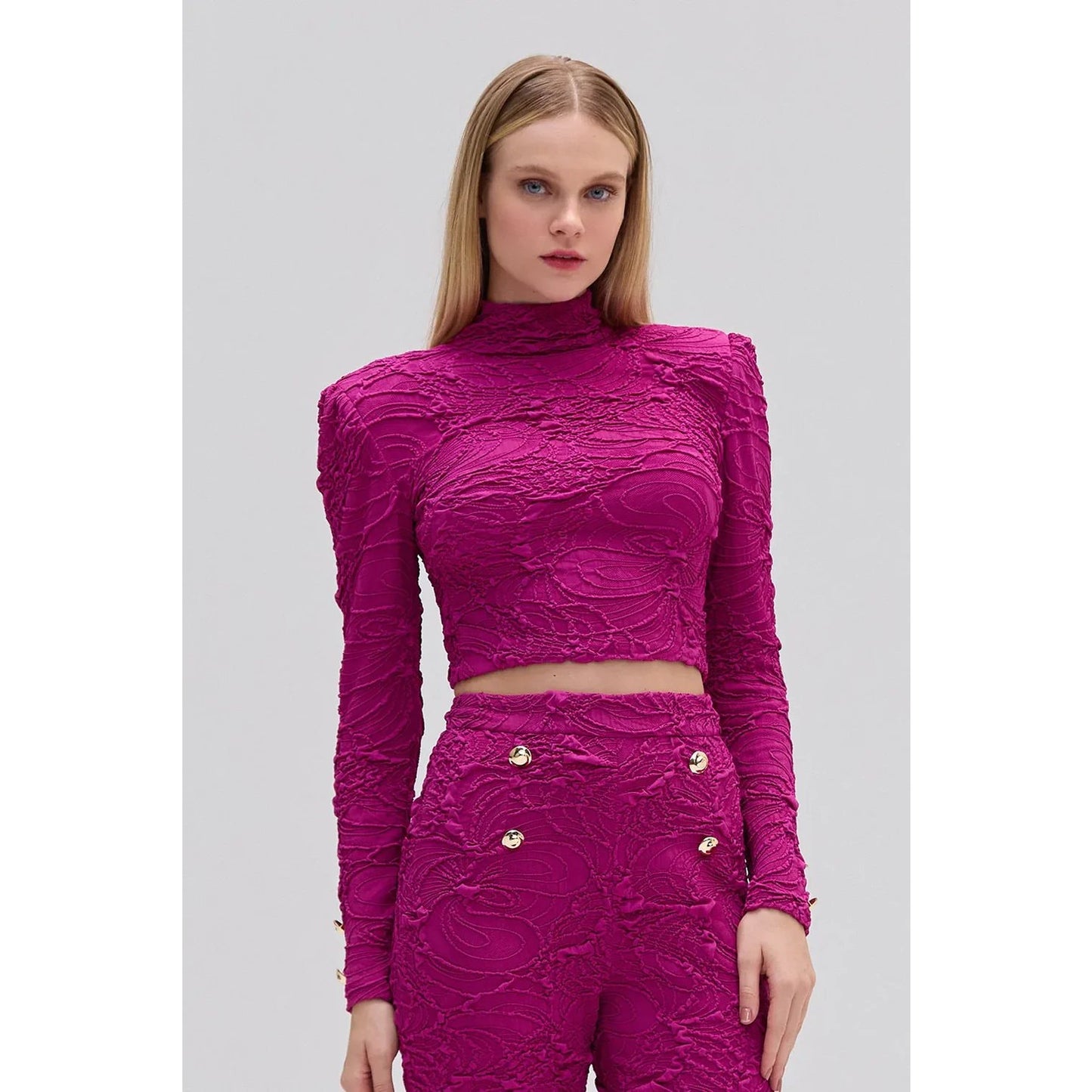 PatBO Jacquard Mock Neck Long Sleeve Cropped Top