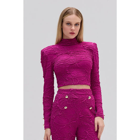 PatBO Jacquard Mock Neck Long Sleeve Cropped Top