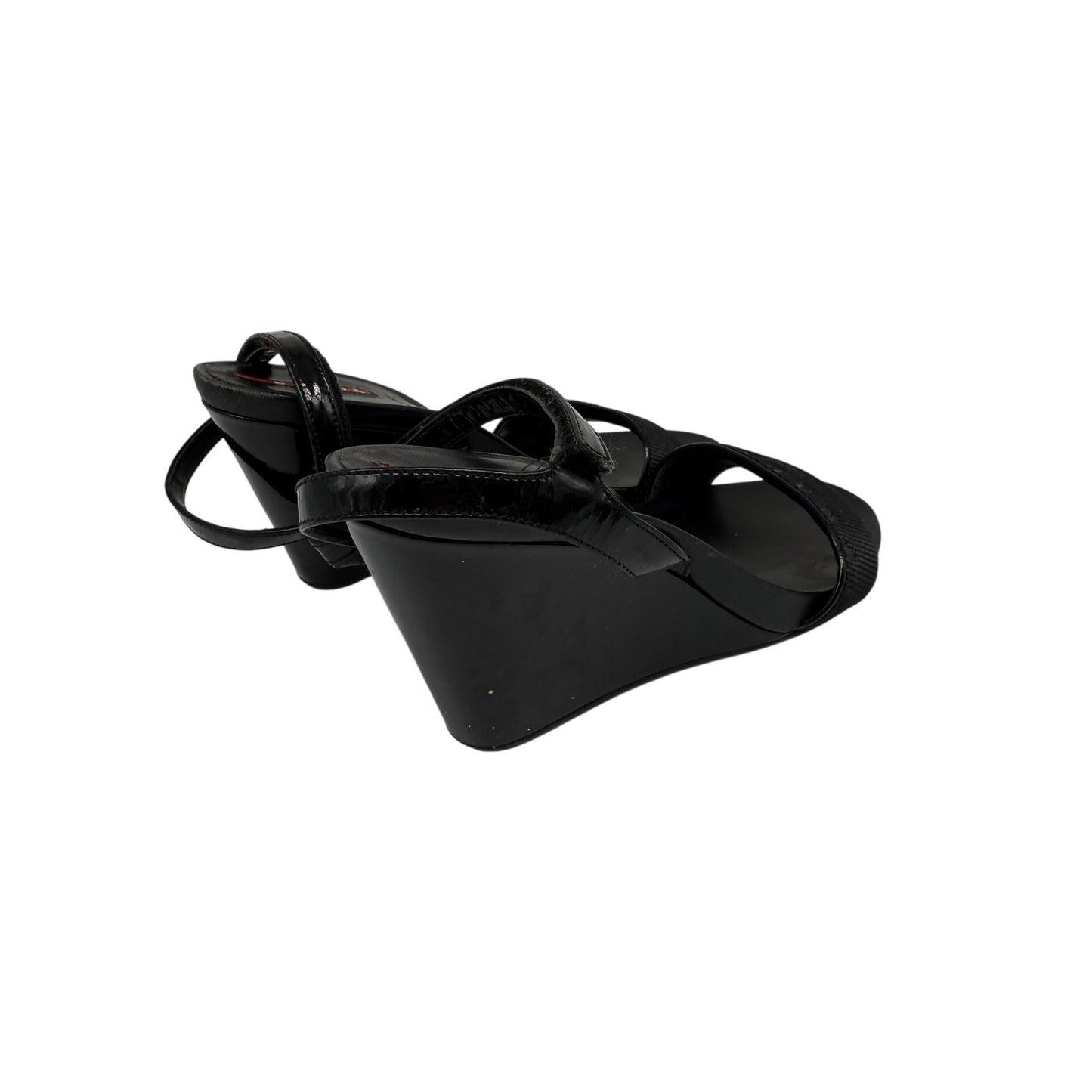 Prada Patent Leather Open Toe Ankle Strap Wedge Sandals