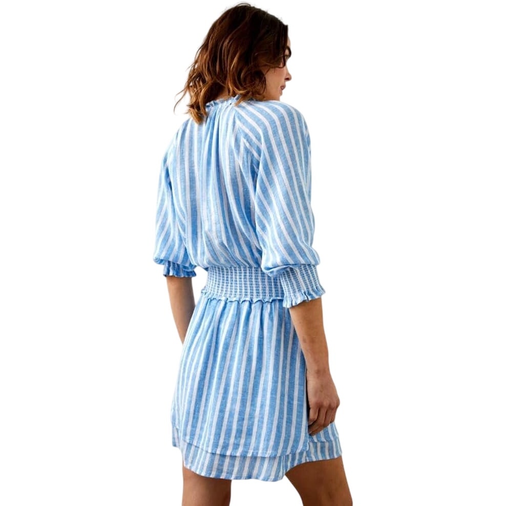 Rails Linen Blend Crystal Smocked Mini Dress Lake Stripe Blue Women's Size Small