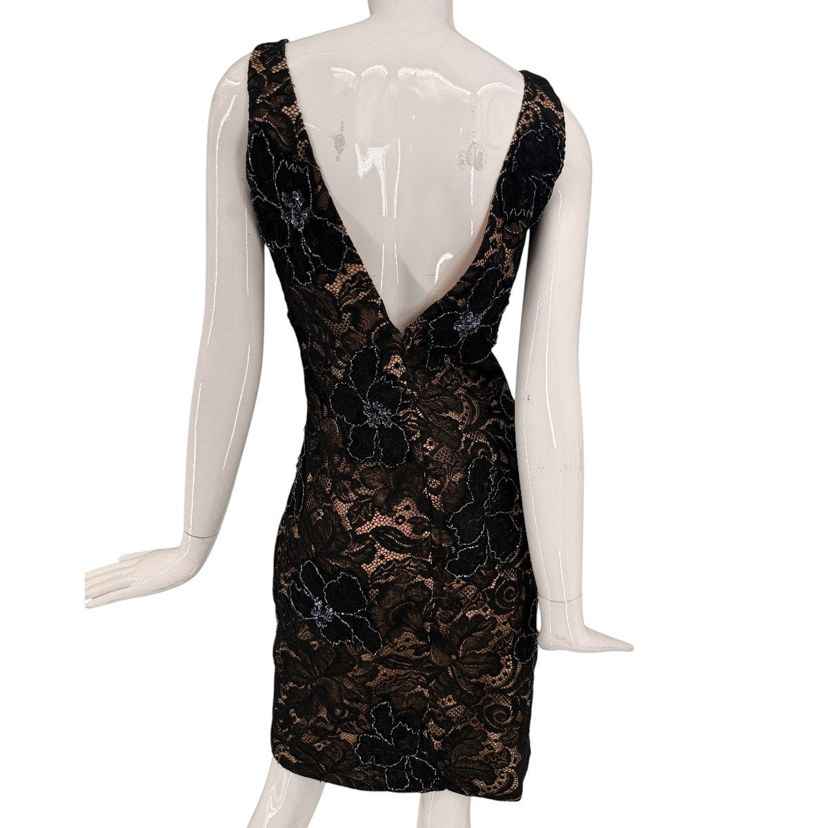 Jovani Lace Floral Overlay Beaded Sheath Mini Dress Black Nude Women's Size 12