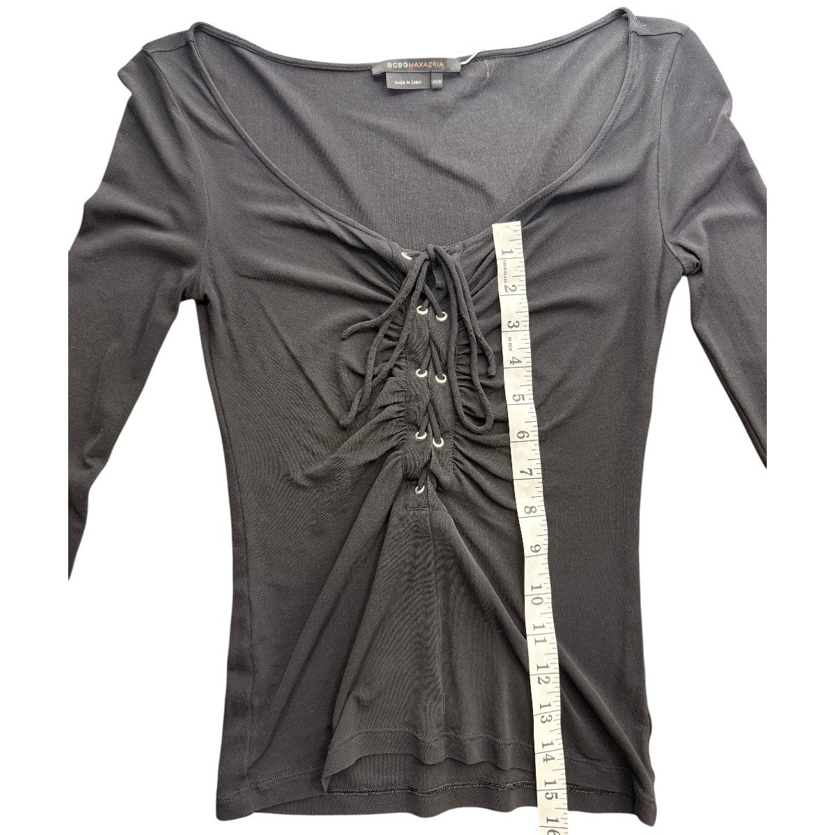 BCBGMAXAZRIA Lace-Up Ruched Mesh Long Sleeve Top Black Women's Size XXS