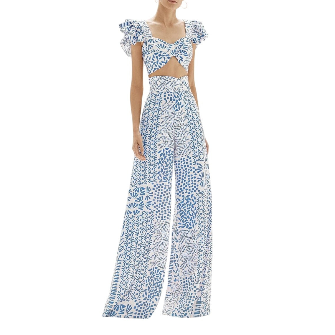 ALEXIS Blue & White Printed Crop Top and Wide Leg Pants Set