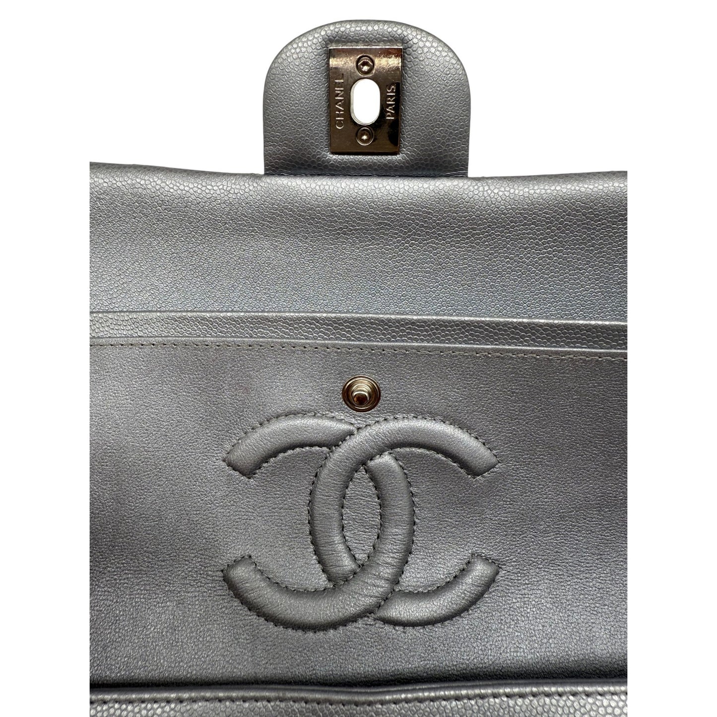 Chanel Leather Quilted Classic Double Flap CC Logo Medium Crossbody Bag Silver
