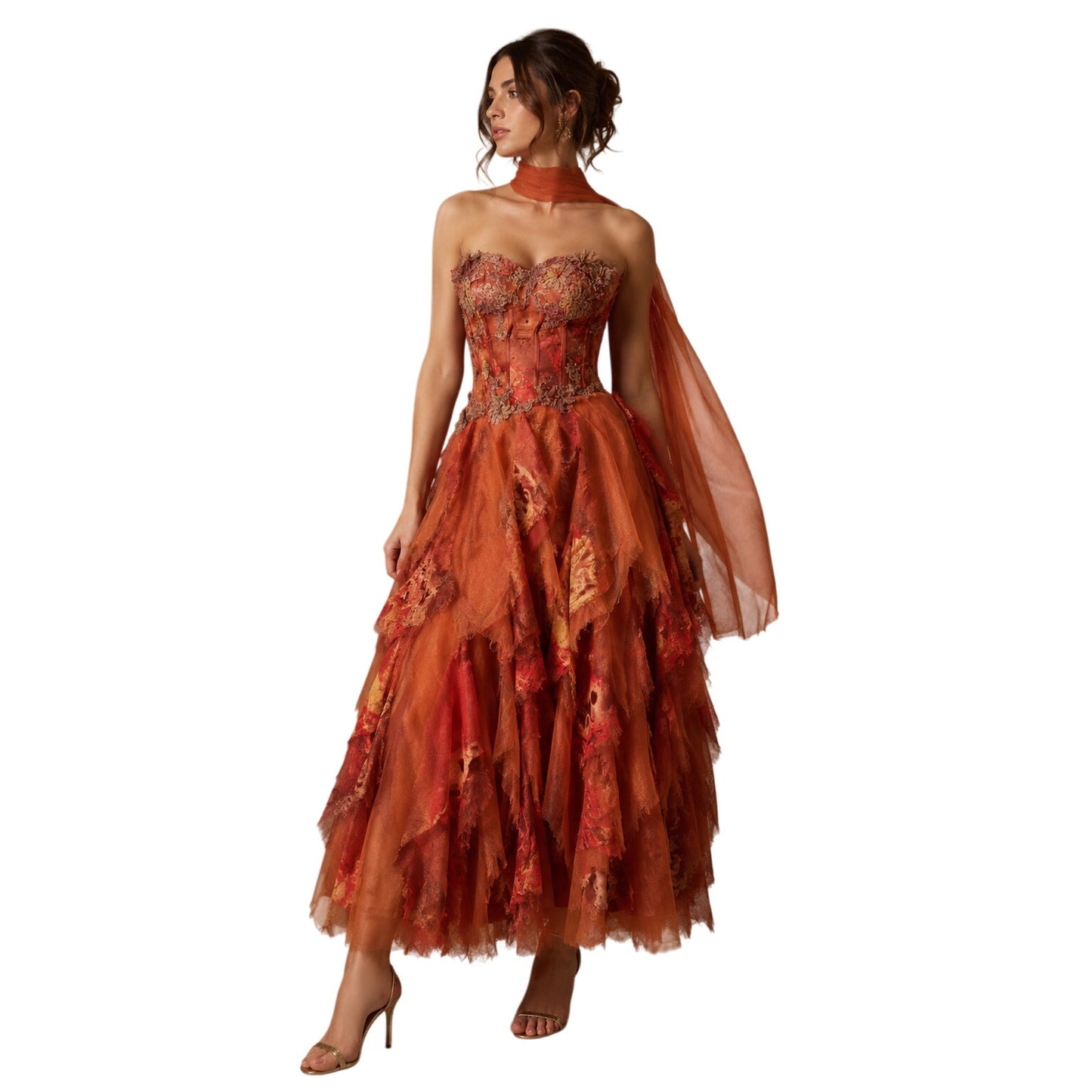 Custom Made Strapless Lace Appliqué Corset Layered Gown