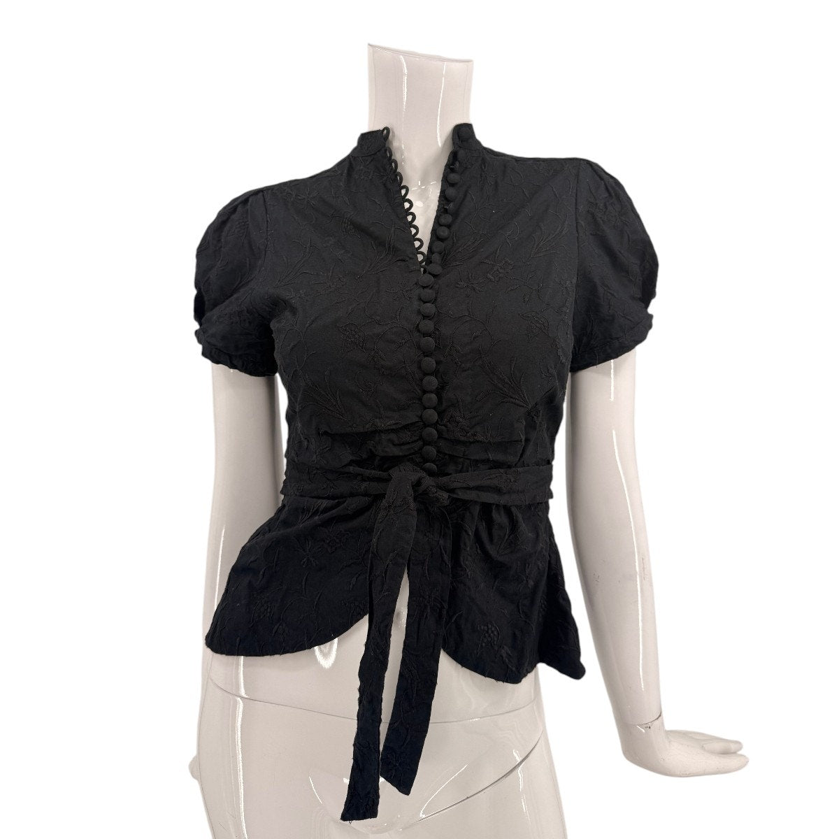 BCBGMAXAZRIA Black Floral Embroidered Button Front Short Sleeve Top Women's XS
