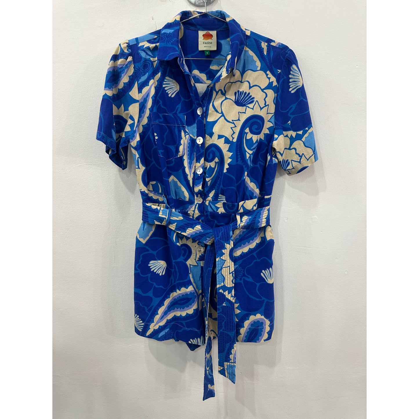 Farm Rio Tropical Groove Collared Button Front Belted Romper Blue Women's Size S