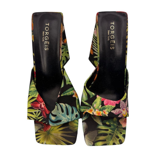 Torgeis New York Paradise Tropical Print Block Heel Slide Sandals Women's Size 7
