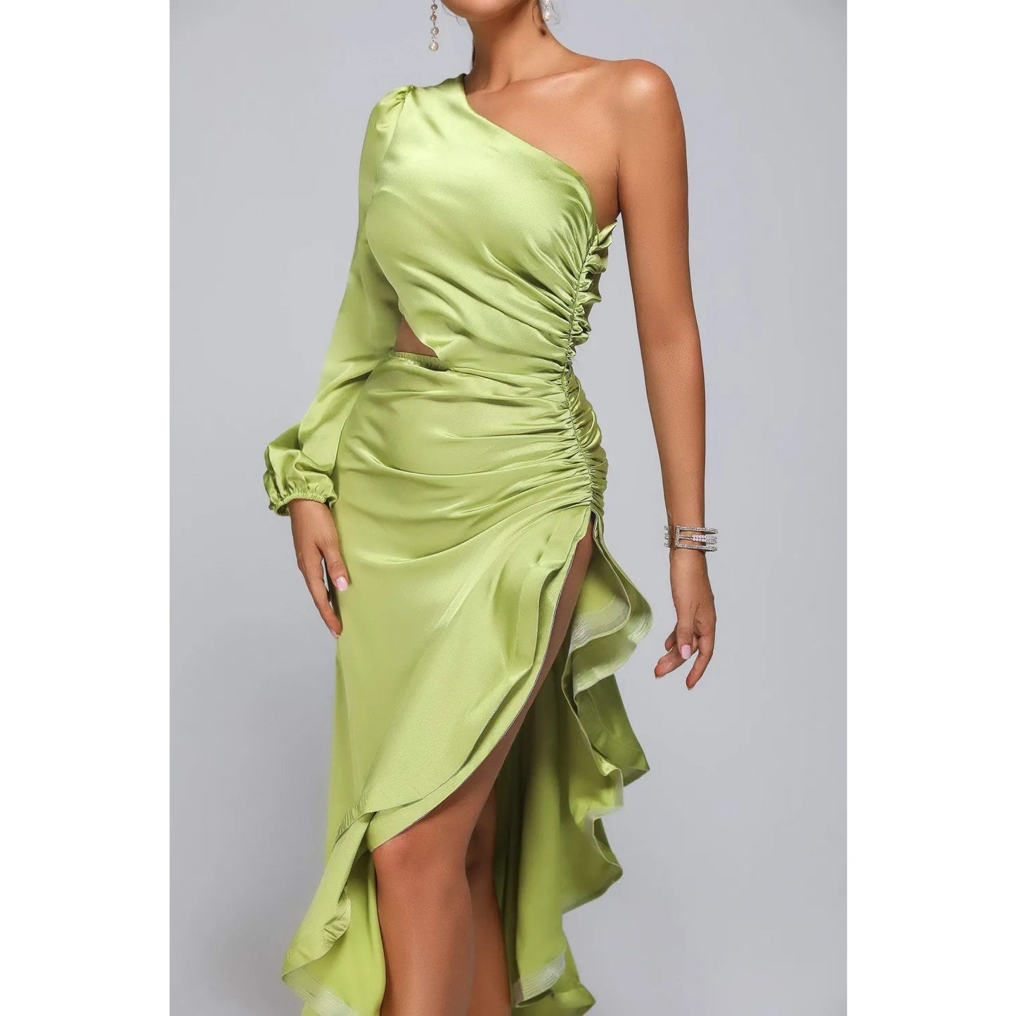 Love Lemonade One-Shoulder Asymmetric Ruffle Dress Green