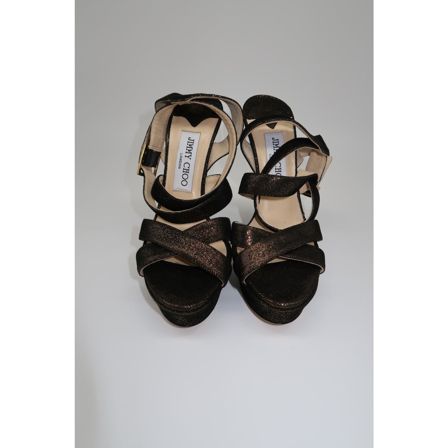 Jimmy Choo Louisa Metallic Gold Peep Toe Strappy Platform Heel Sandals Size 36.5