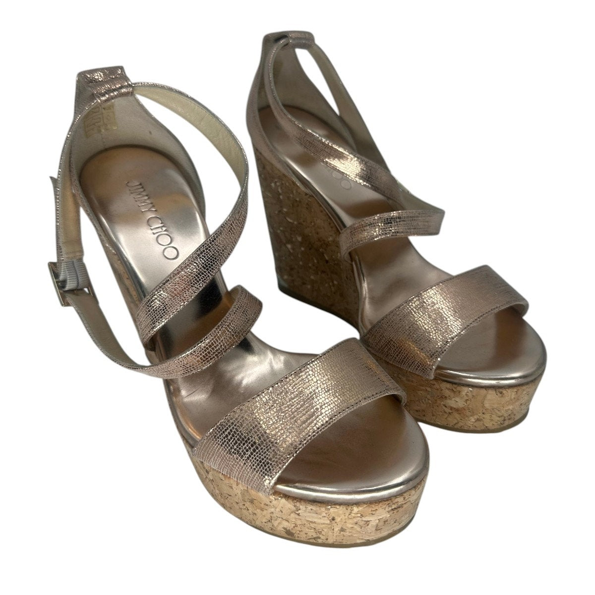 Jimmy Choo Metallic Leather Portia Cork Wedge Sandals