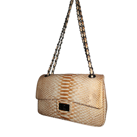 Toya Tan Gold Cream Python Snake Skin Designer Chain Shoulder Bag