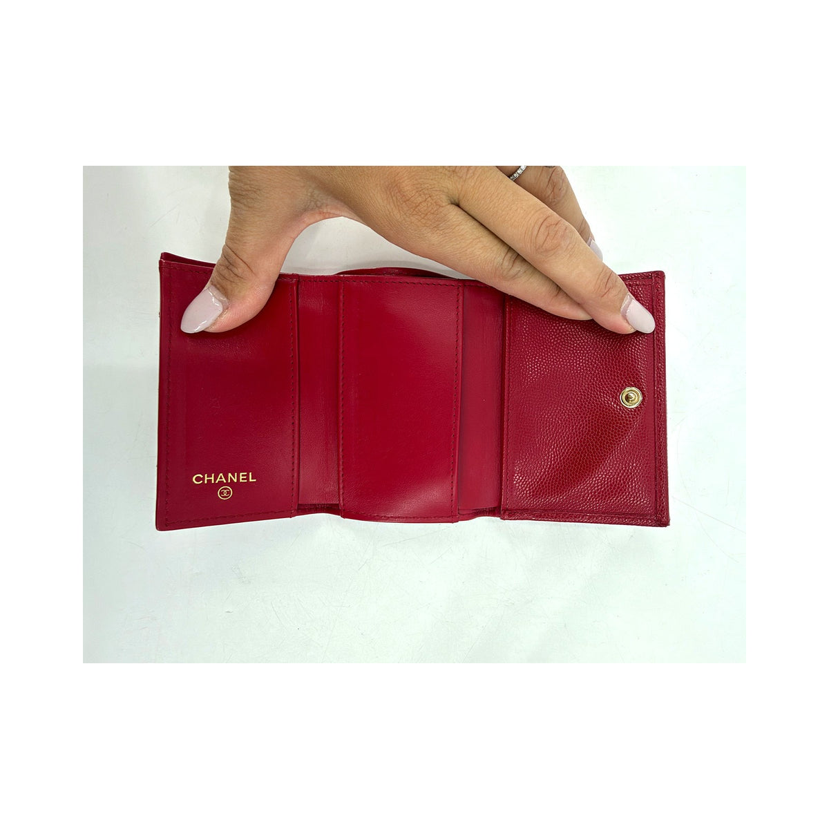 Chanel Red Caviar Quilted Compact Flap Wallet Crystal CC Gold Hardware