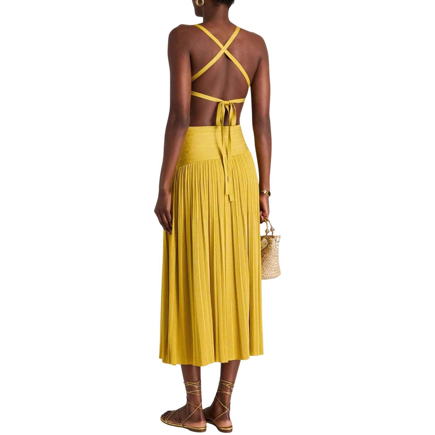 Zimmermann Mustard Metallic Rib Knit Cutout Gathered Midi Dress Women's Size 0