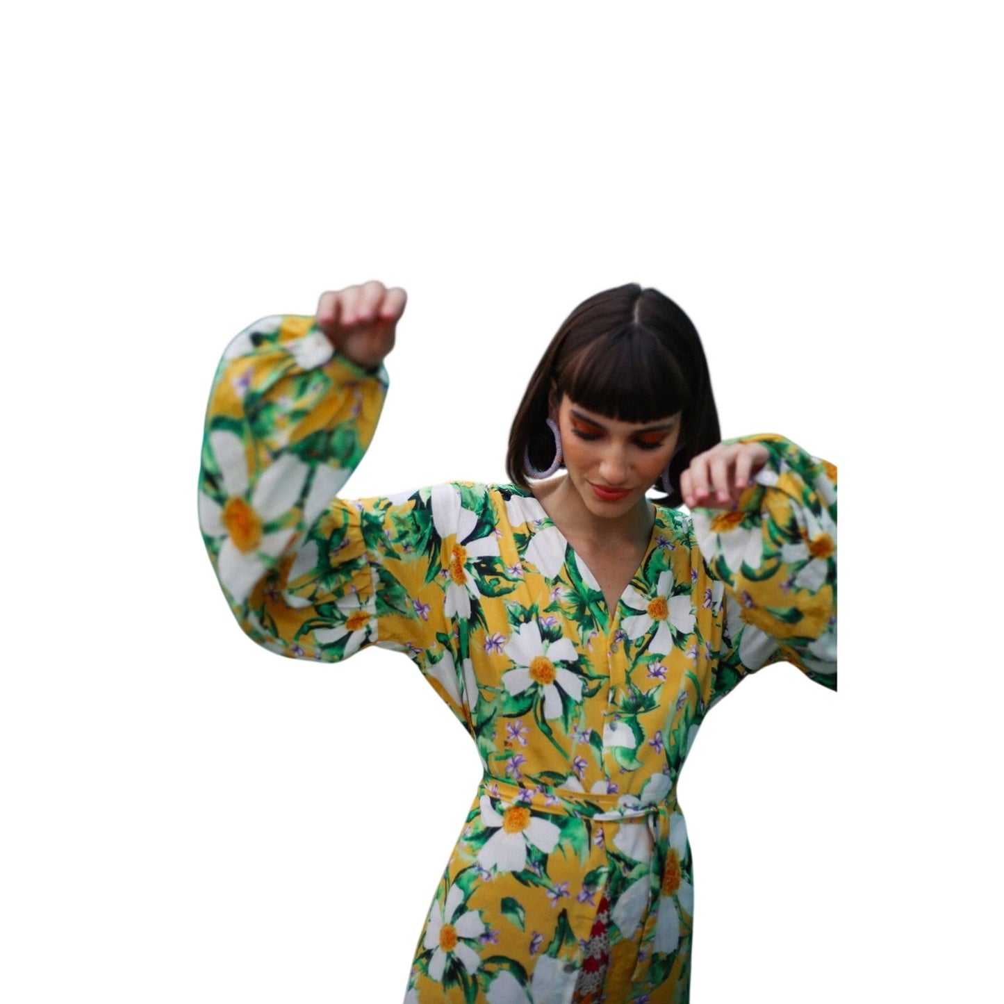Sigal Lotus Floral Print Long Puffed Sleeves Maxi Dress