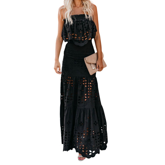 Luxxel Palm Chains Eyelet Embroidered Two Piece Maxi Skirt Set Black Women's S
