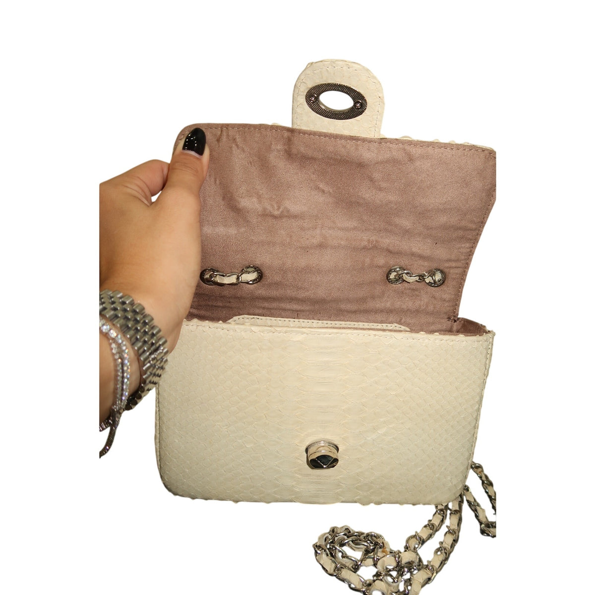Cream Python-Textured Silver Hardware Chain Crossbody Shoulder Bag Women's OS