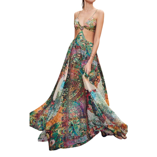 Alexis Sequined Paisley Print Cut-Out Pleated Maxi Dress