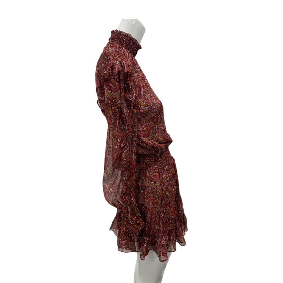 MISA Gianna Bohemian Paisley Chiffon Mini Dress High Neck Ruffle