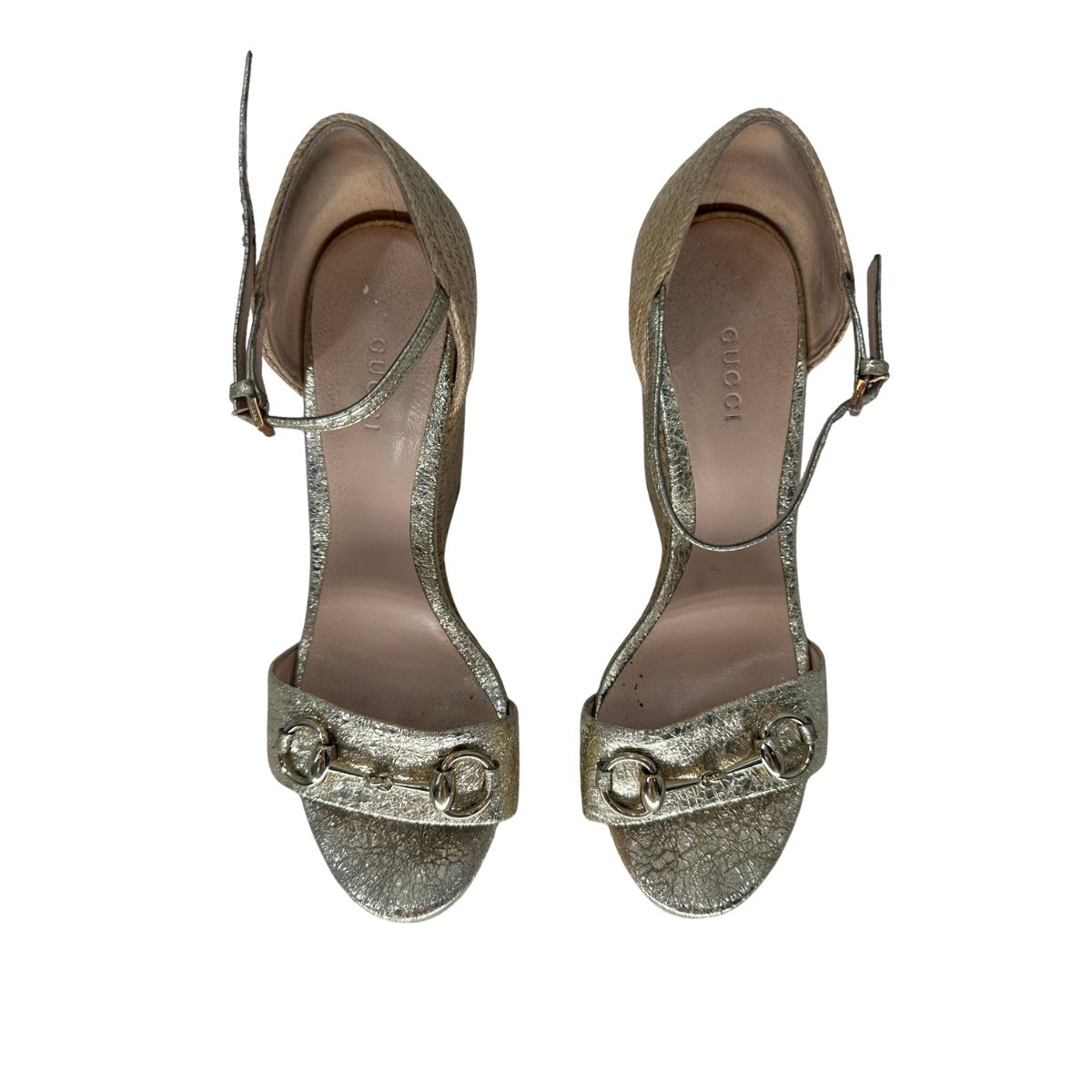Gucci Leather Crackled Carolina Horsebit Espadrille Wedge Sandals