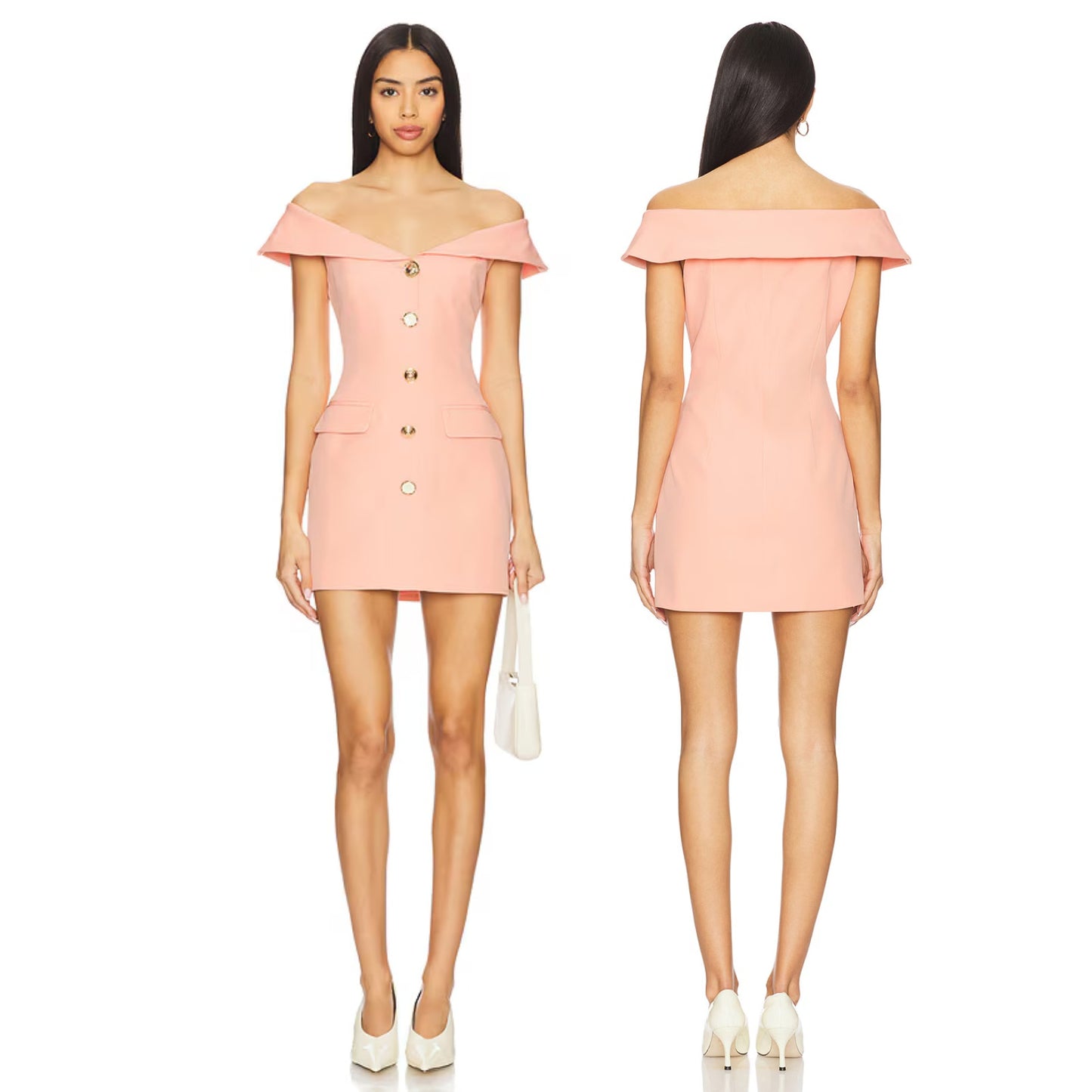 Line & Dot Kasia Button Accent Off Shoulder Mini Dress Coral Women's Size XS