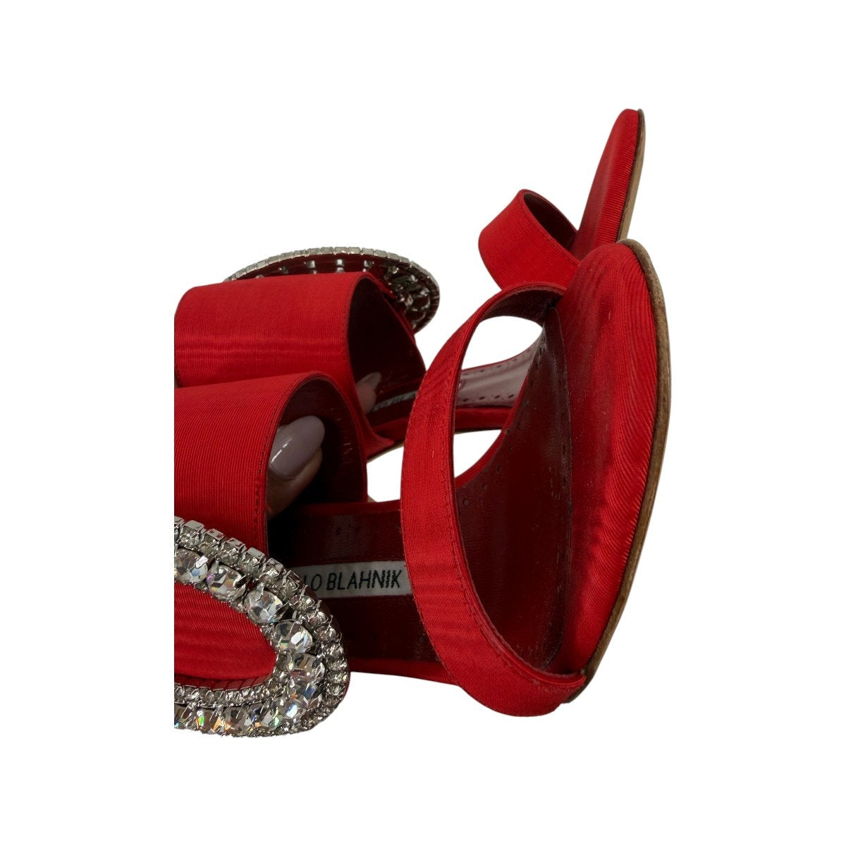 Manolo Blahnik Fibiona Moiré Crystal Buckle Mule Sandals