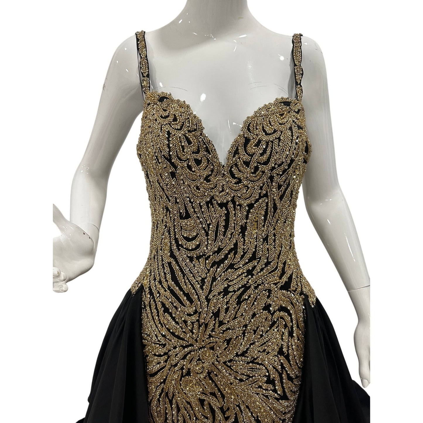NWT Sherri Hill Black Gold Beaded Fitted Ball Gown Overskirt Formal Dress
