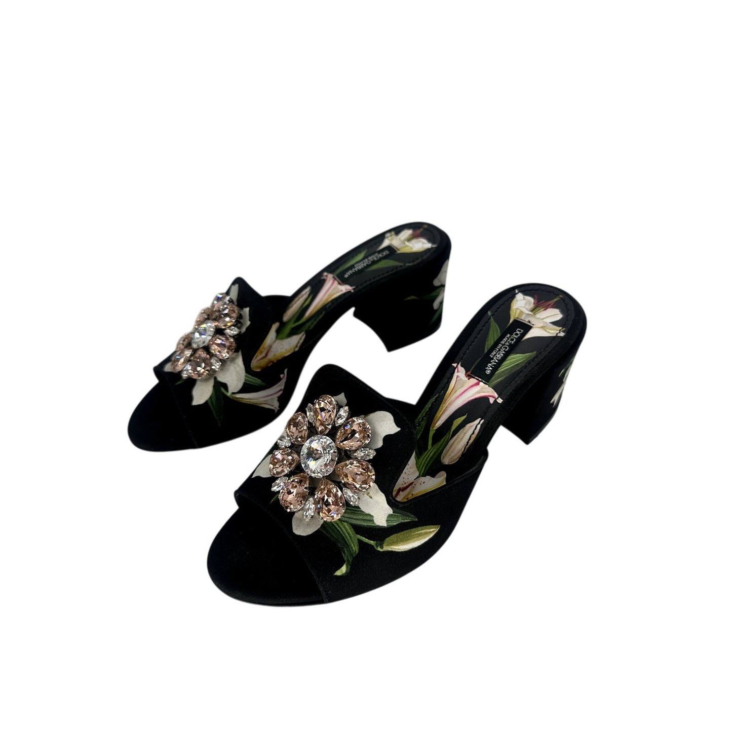 Dolce & Gabbana Satin Floral Print Crystal Low Heel Slide Sandals