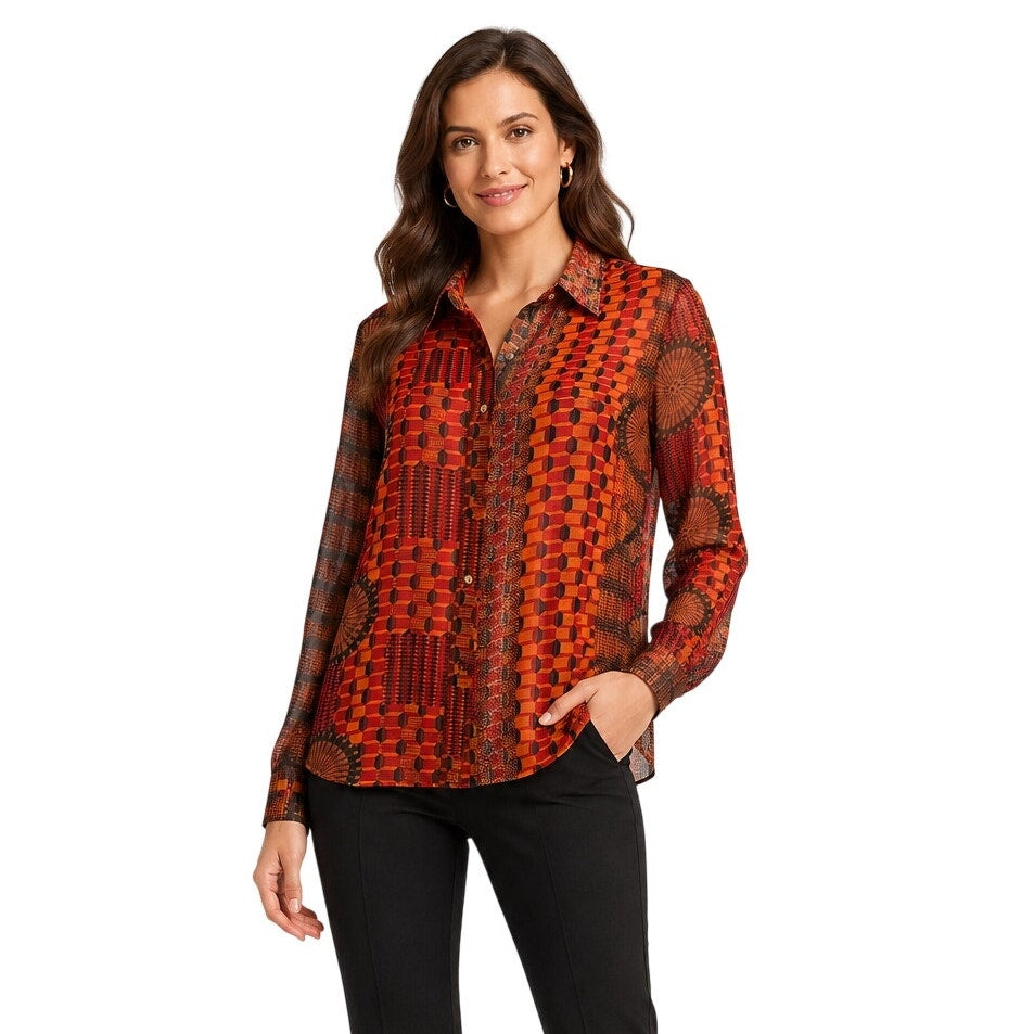 Sans Souci Sheer Geometric Print Button Front Blouse
