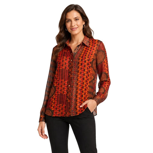 Sans Souci Sheer Geometric Print Button Front Blouse