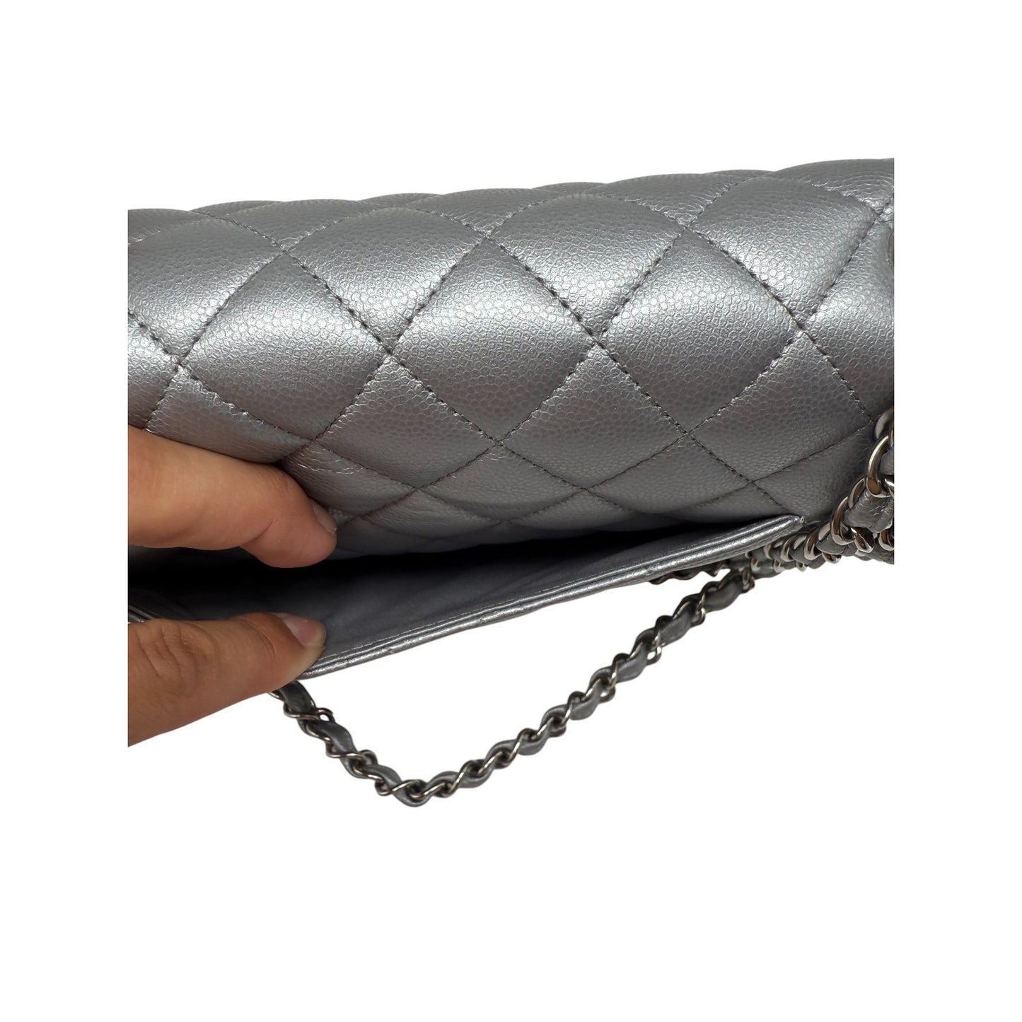 Chanel Leather Quilted Classic Double Flap CC Logo Medium Crossbody Bag Silver