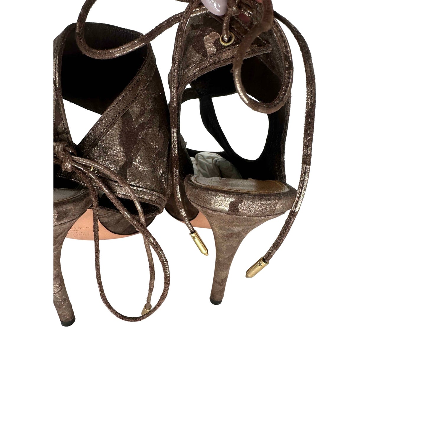 Aquazzura Sexy Thing 105 Metallic Camouflage Suede Cutout Sandal Women's Size 35
