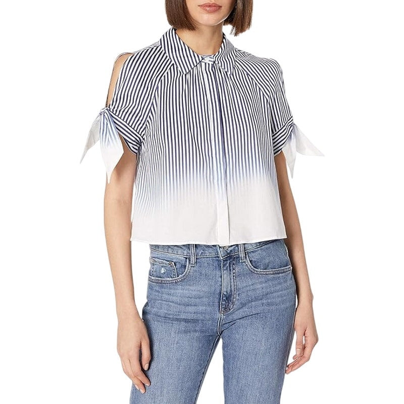 Milly Cotton Blend Collared Tie Sleeve Button Up Shirt
