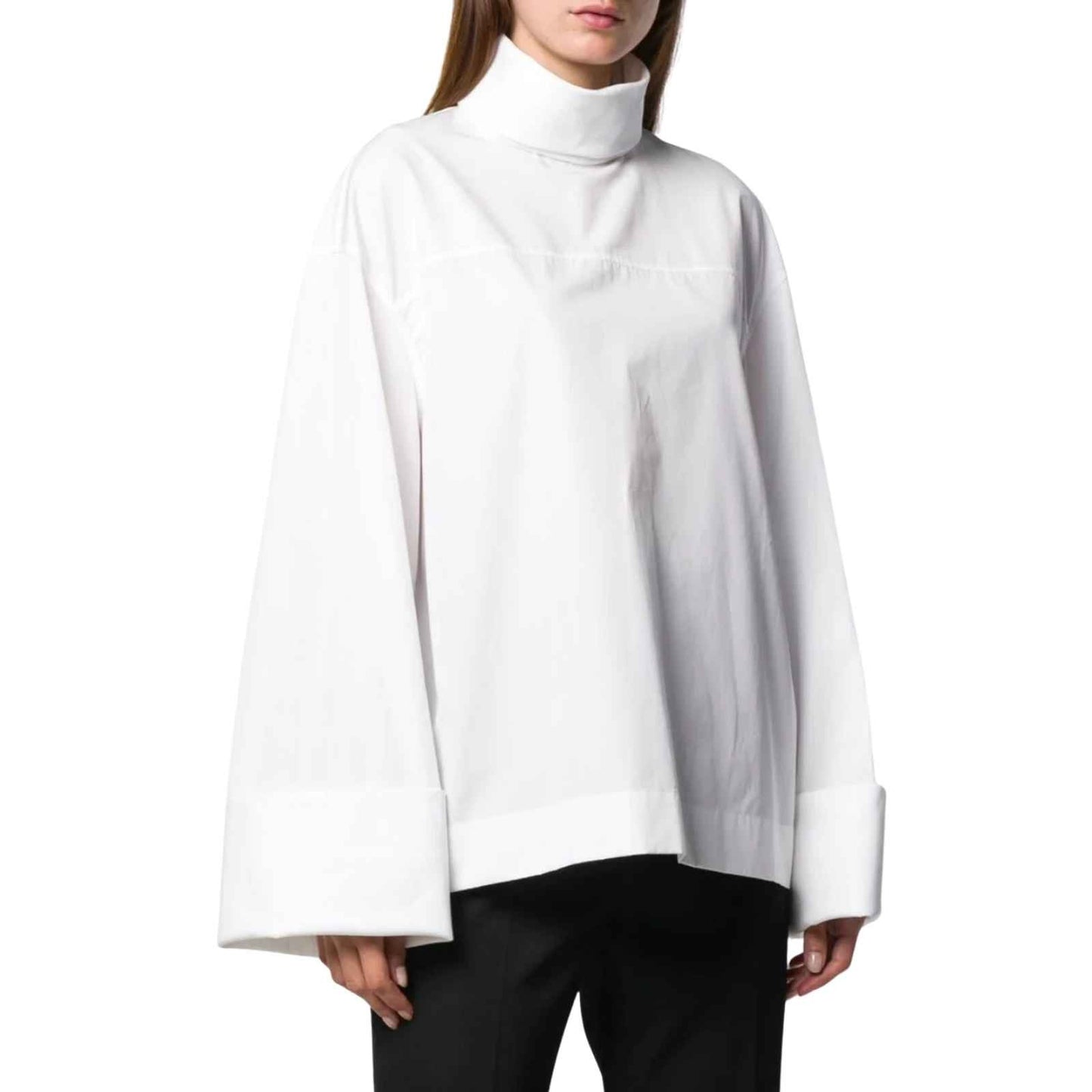 The Row Mayomi Long Sleeve Cotton Poplin Funnel Neck Top White Women's Small