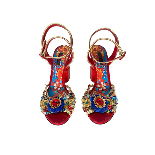 Dolce & Gabbana Leather Raffia Sequined Keira Ankle Strap Sandals