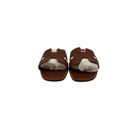 Hermes Oran Leather Open Toe Slip-On Flats Slide Sandals