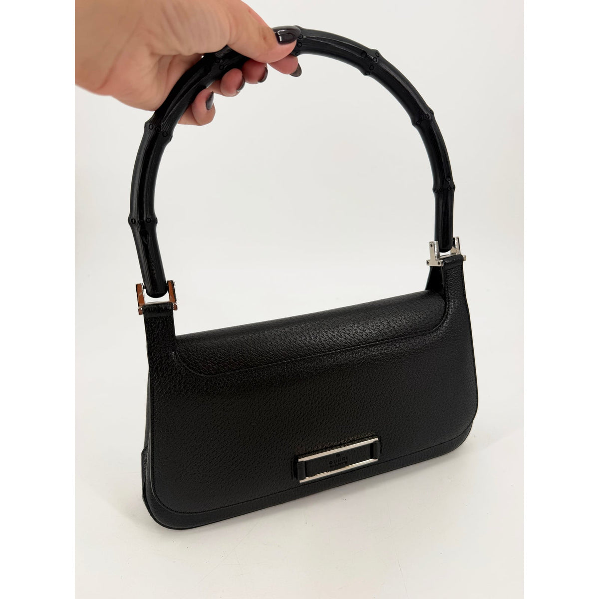 Gucci Bamboo Handle Black Pebbled Leather Shoulder Bag
