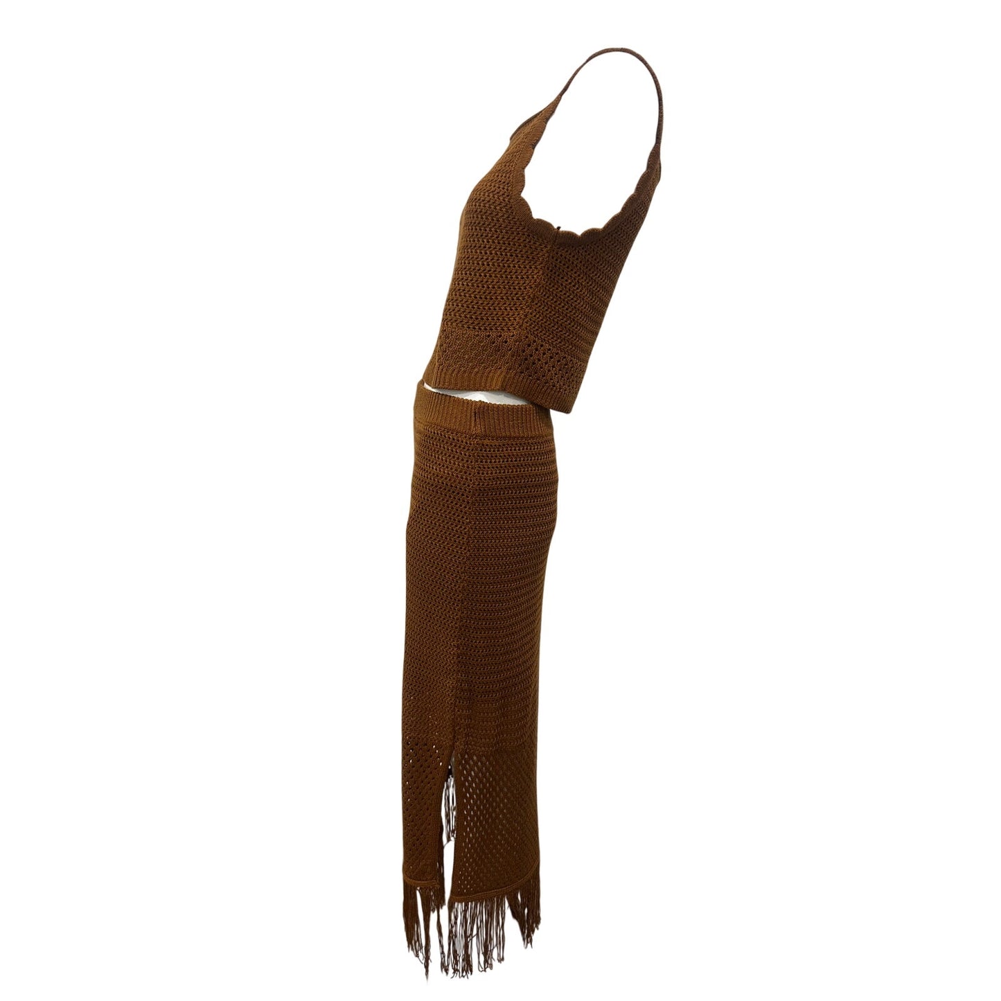 House of Harlow 1960 Crochet Fringe Top Maxi Skirt Set Brown Women's Size Medium