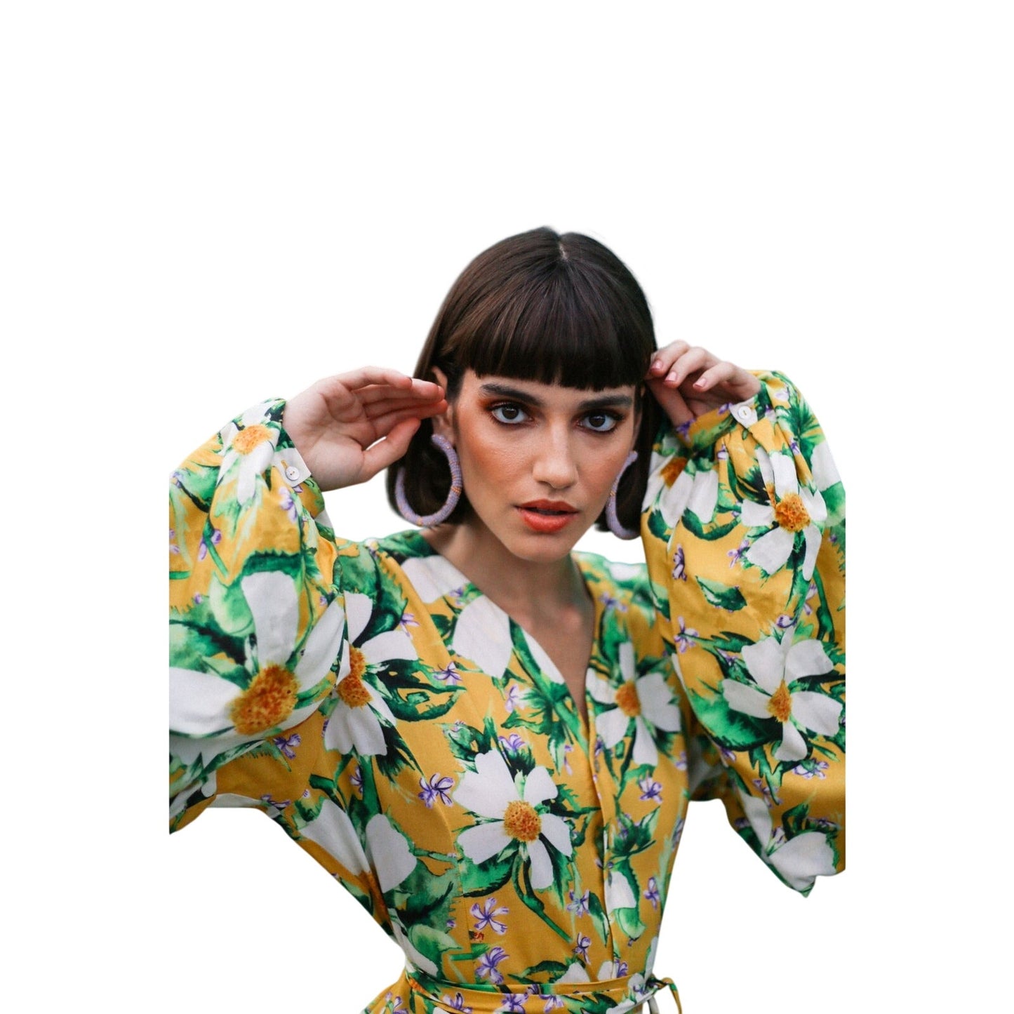 Sigal Lotus Floral Print Long Puffed Sleeves Maxi Dress