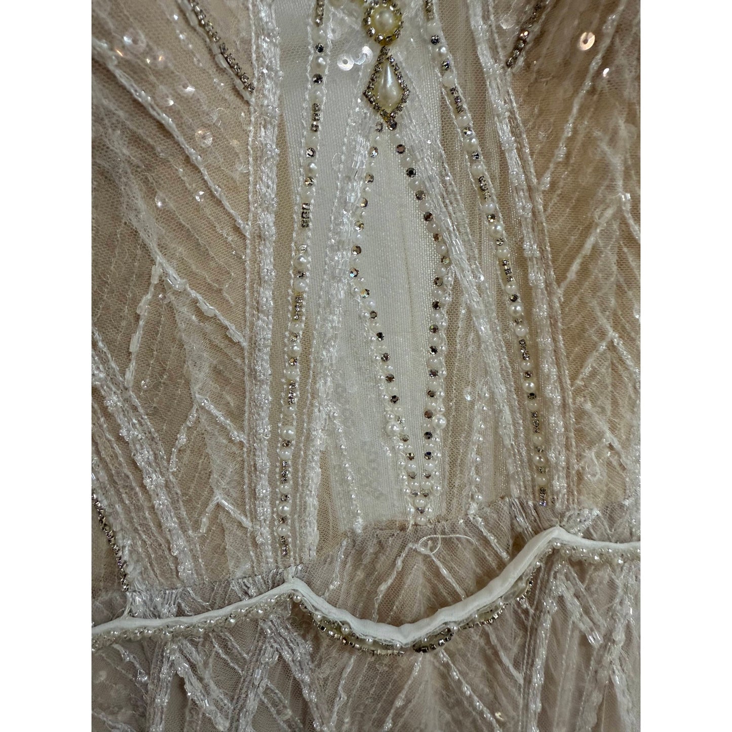 La Vie En Blanc Shades of Ivory Beaded Spaghetti Straps V-Neck Wedding Dress