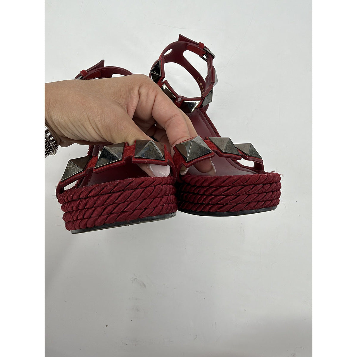Valentino Garavani Roman Stud Torchon Wedge Sandals Rubino Red 37