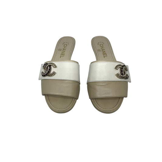 Chanel Leather Pearl Crystal CC Logo Slide Mules