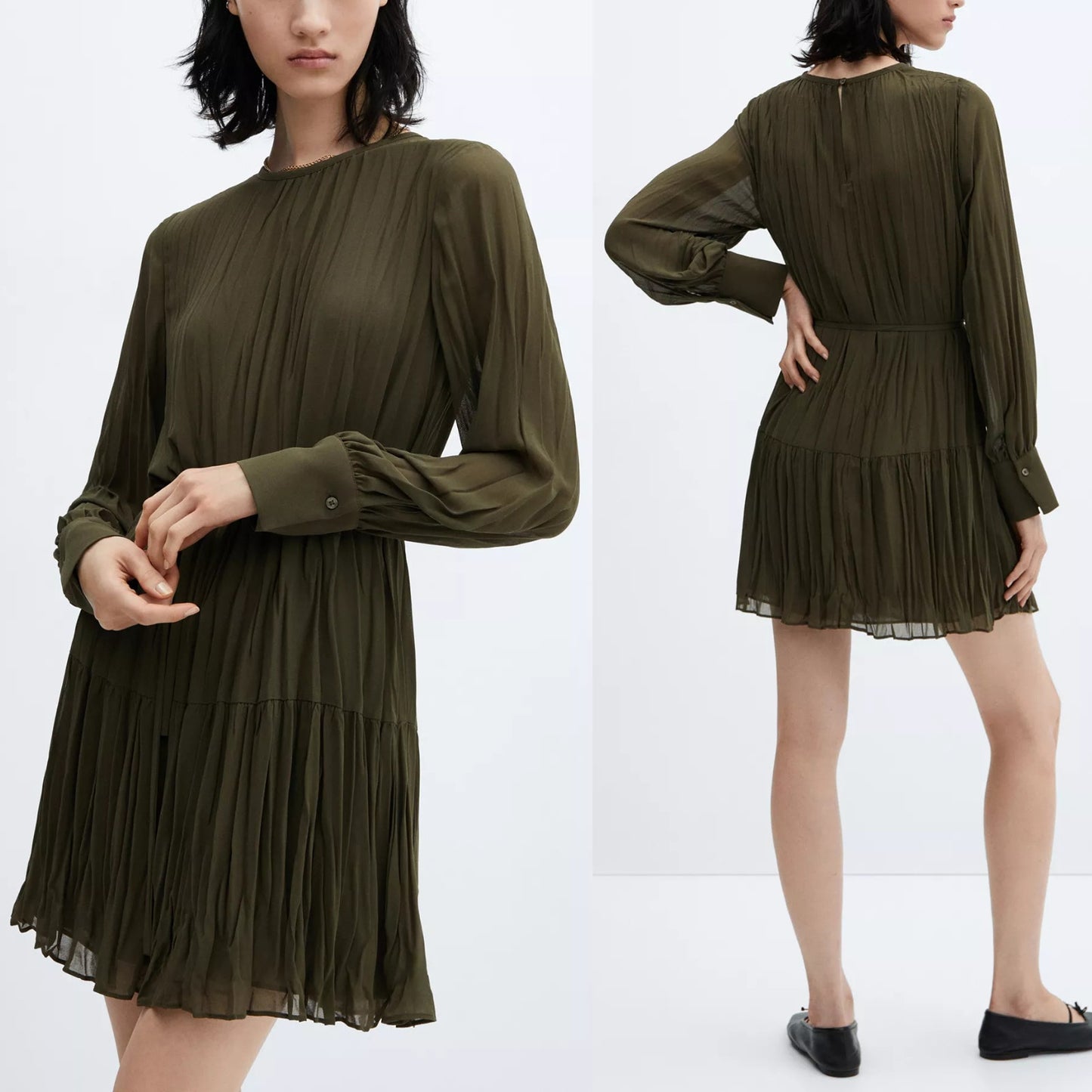 Mango Pleated A-Line Long Sleeves Mini Dress
