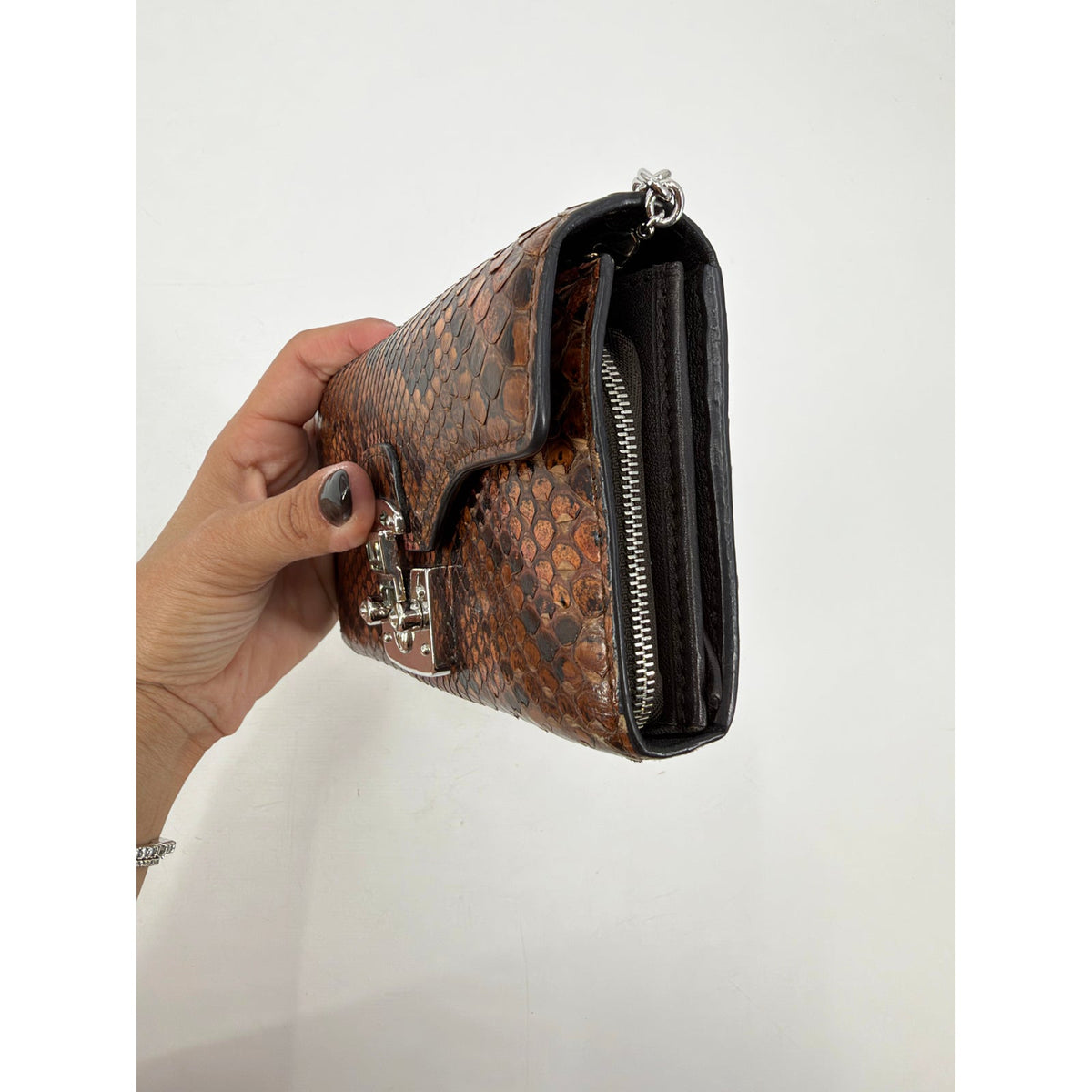 Gucci Python Snakeskin Flap Wallet Brown Silver Turnlock