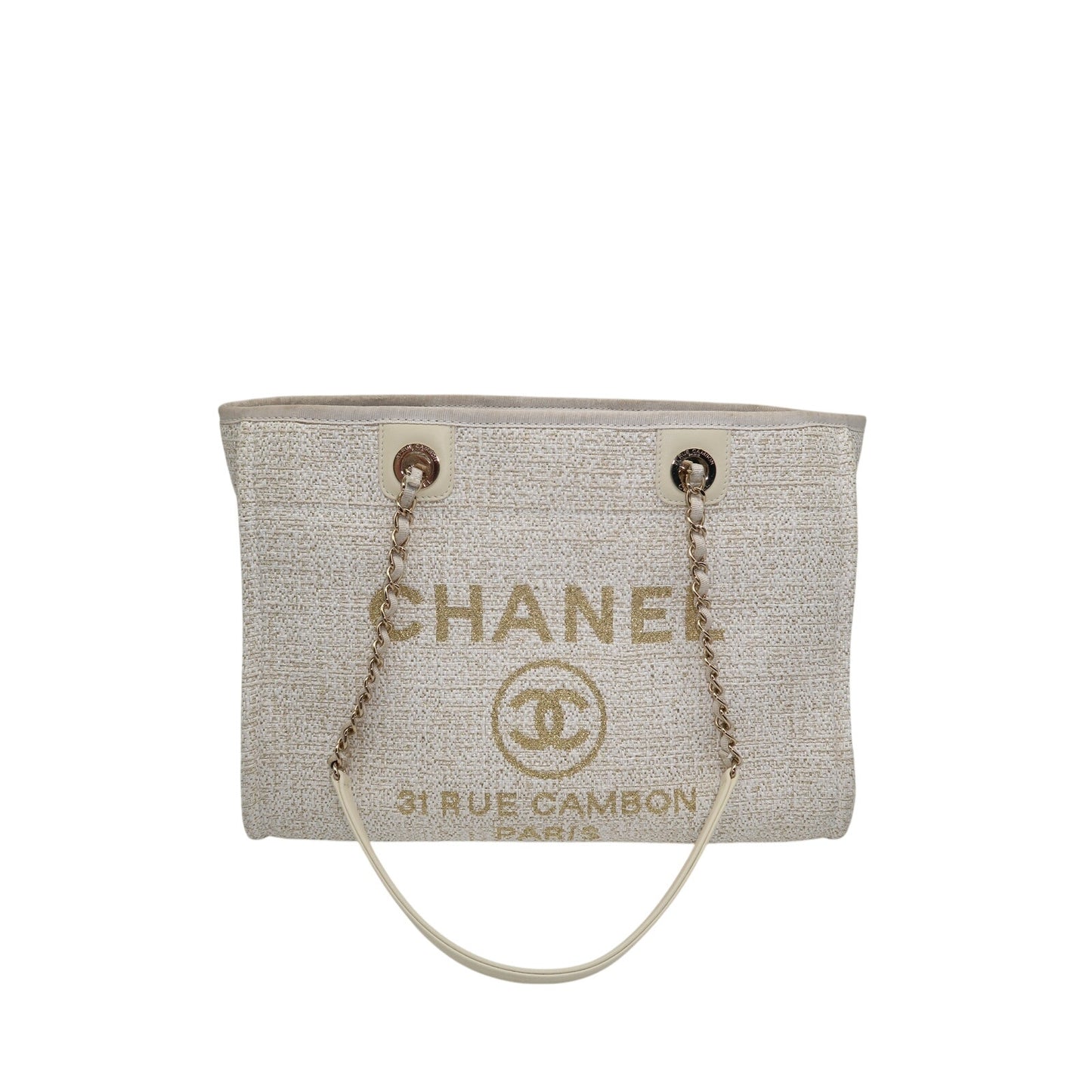 Chanel Raffia Deauville Glitter Logo Accent Tote Bag