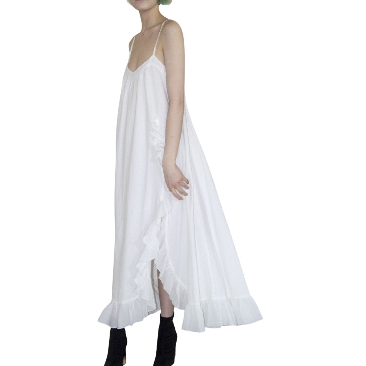Devotion Cotton Ruffle Accent Side Slit Maxi Tank Dress White Women's Size Small