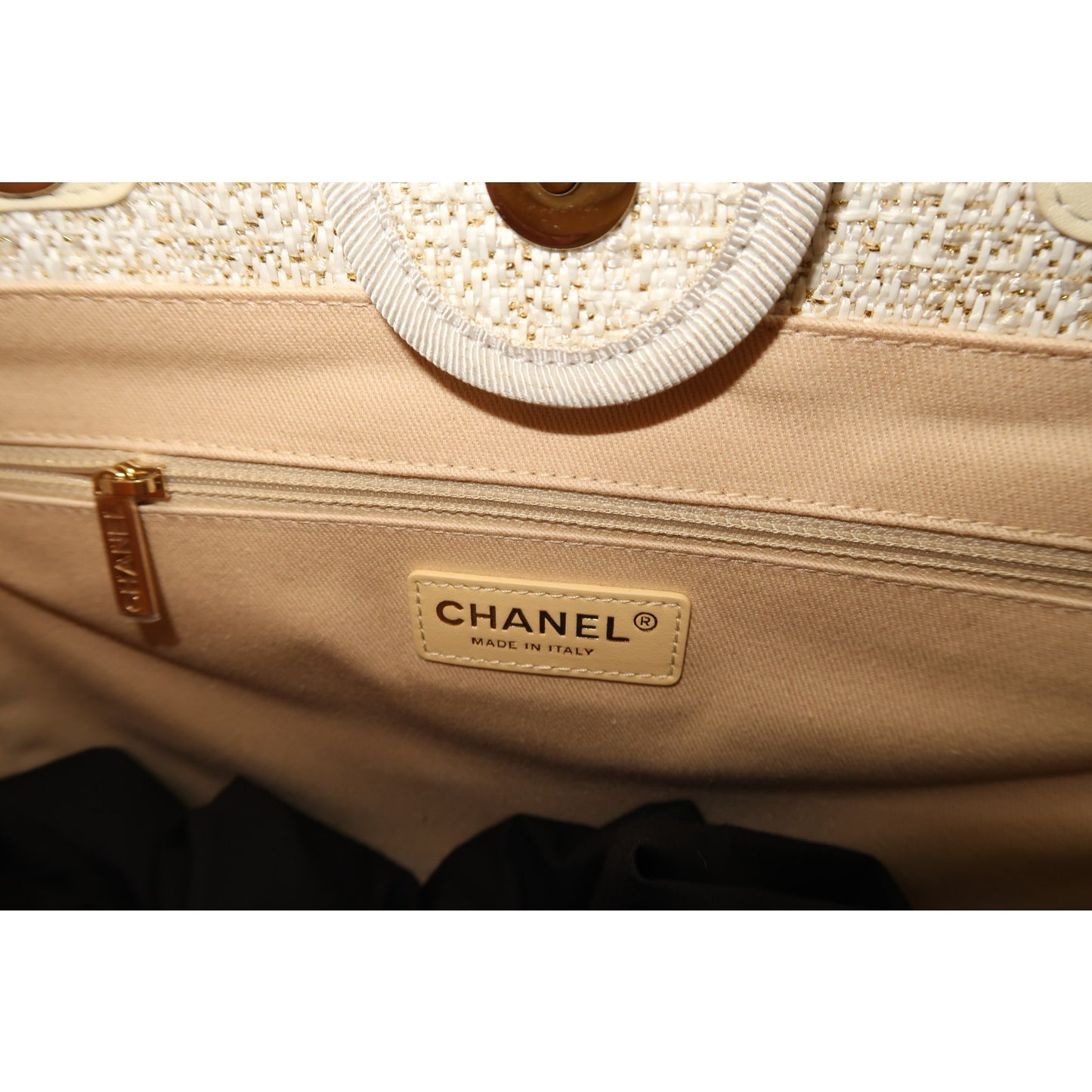 Chanel Raffia Deauville Glitter Logo Accent Tote Bag