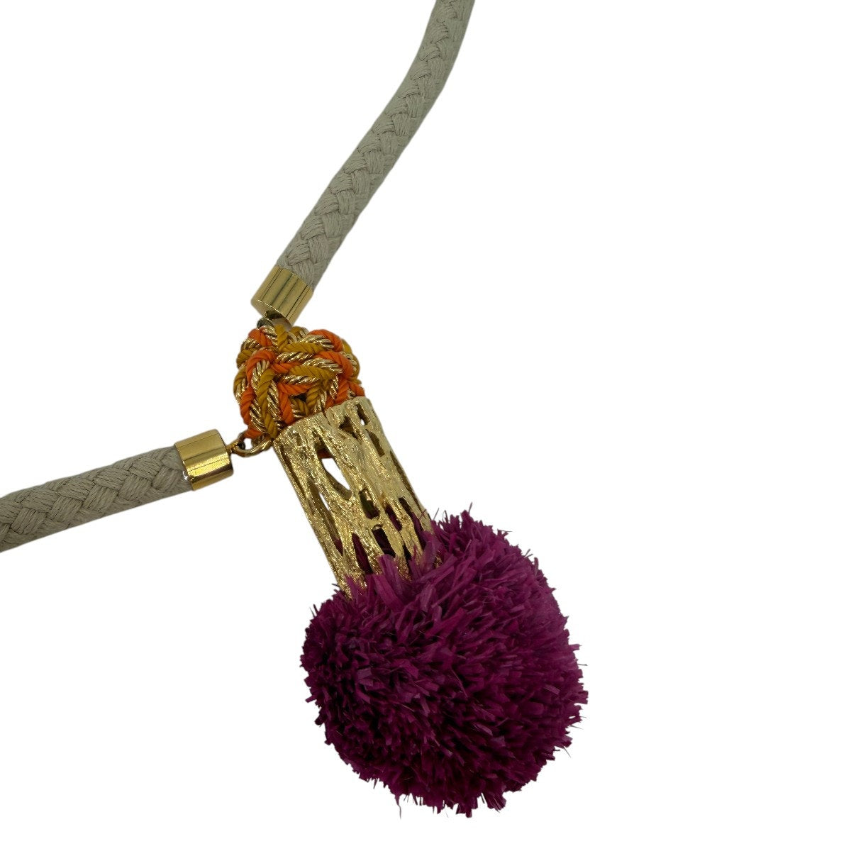 Tory Burch Beige Rope Tassel Statement Necklace Gold Tone Pom Pom