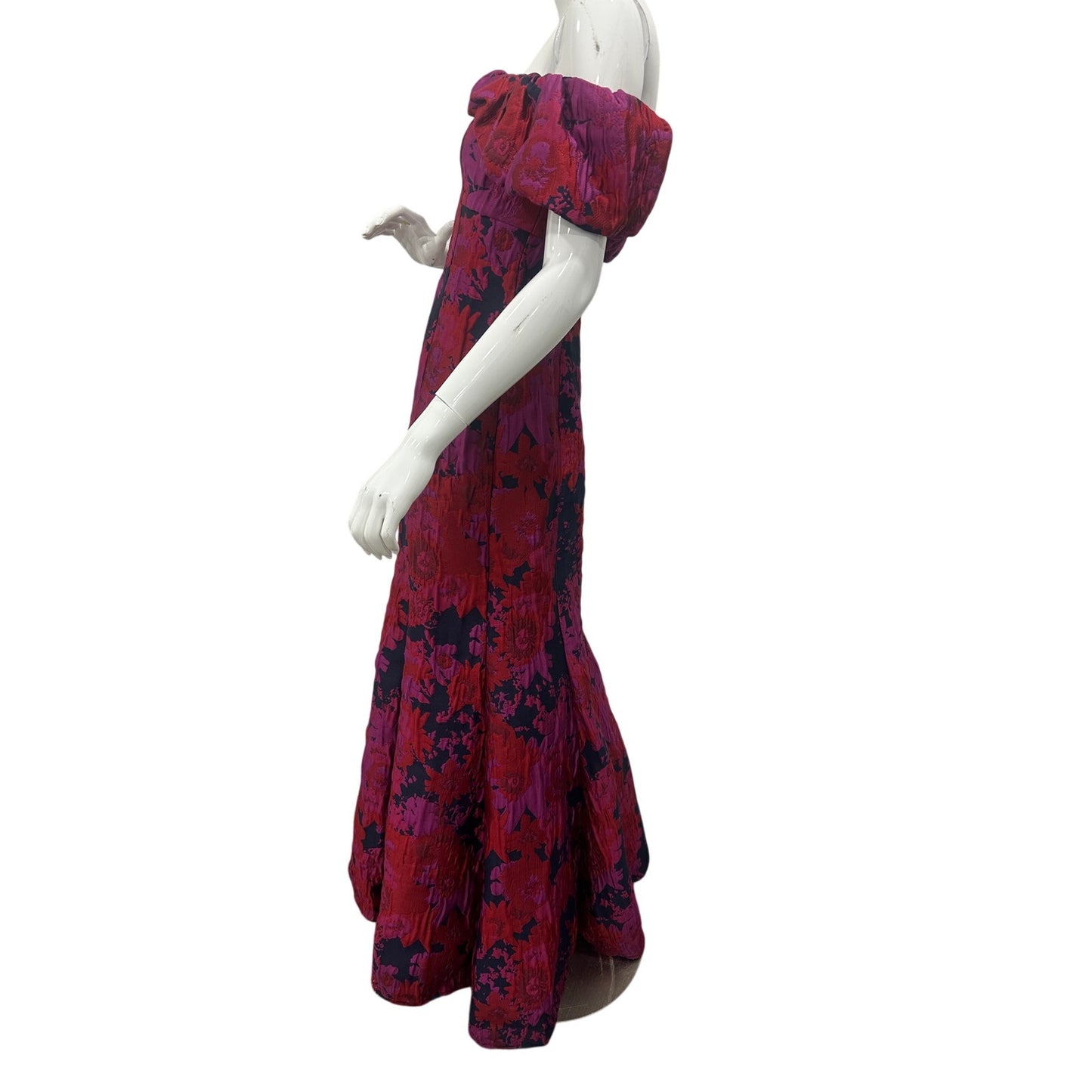 Aidan Mattox Navy Multi Floral Off Shoulder Ruffle Mermaid Gown