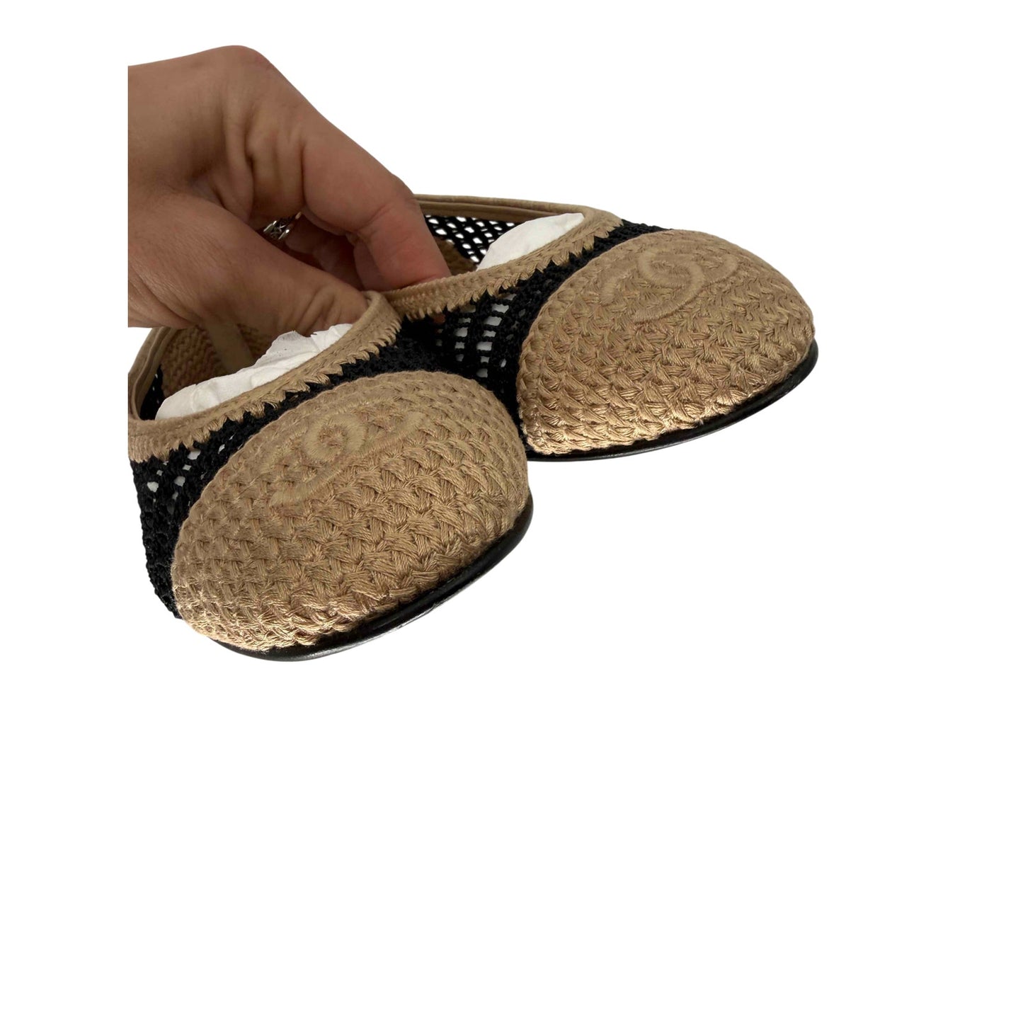 Chanel Raffia Crochet Woven CC Logo Cap Toe Ballet Flats